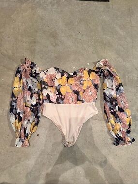 Floral Puff-Sleeve Bodysuit in Pink, Yellow & Black